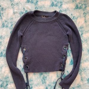 Lulu’s Lace up Dark Blue Knit Sweater